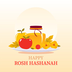 Rosh hashanah Happy Jar sweet honey ripe pomegranate apples leaves, vector art illustration.