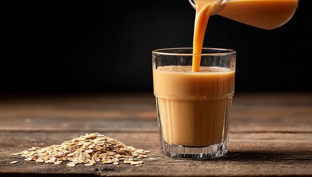 Oat milk being poured into a glass on a wooden table, with scattered raw grains in the background. The image is a close-up shot with a dark background.