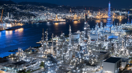 Fototapeta premium Refinery site mapped out in brilliant light patterns, aerial drone perspective shows intricate industrial layout connecting petrochemical processing with logistic transport corrido
