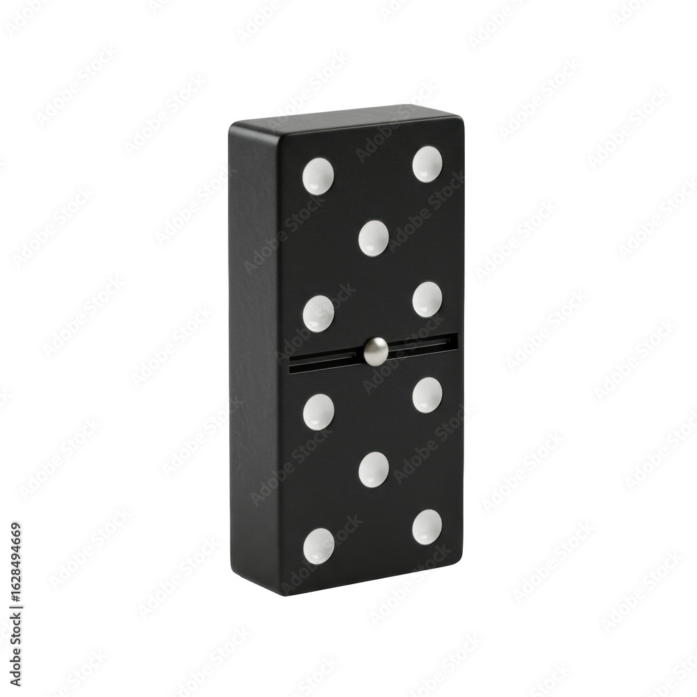 Poster A pristine black resin double-six domino tile with crisp white pips and smooth surfaces, presented in a prominent 3/4 view on a transparent studio background with no shadows, hyperrealistic