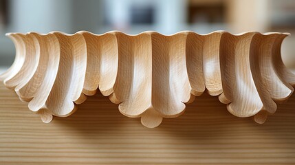 A close up of a light brown wooden decorative piece with scalloped edges sitting on a wooden surface top view