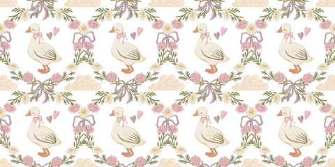 Floral cute goose seamless pattern with pink bow and heart. Coquette design with carnation and daisy flower. Pastel background for textile and wallpaper. Also good for baby fabric and wrapping paper. © NadyaSaen 