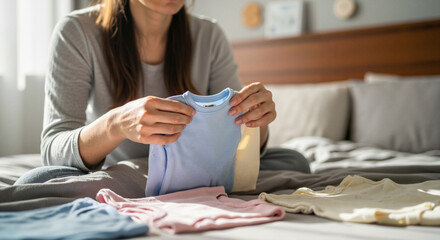 Woman folding baby clothes while sitting on bed in bedroom  