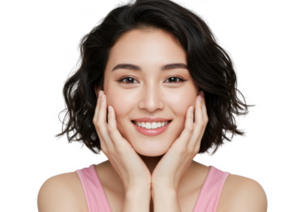 Young woman smiling with hands on cheeks isolated on transparent background