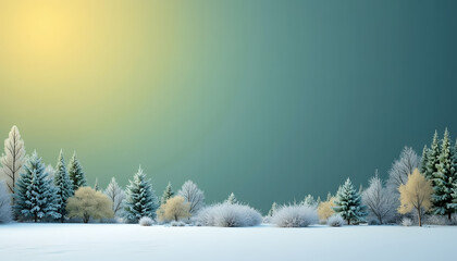 A beautiful winter landscape showcases frosted trees and a snowy field under a vibrant sky.