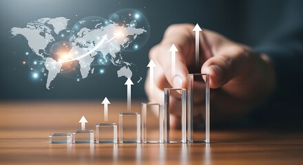 Hand adjusting glass bars showing upward arrows and world map graph image photo