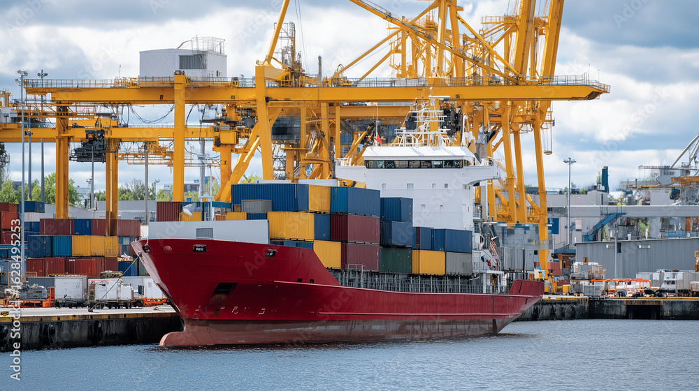 Aufkleber rust-red cargo ship alongside a bustling harbor quay, close-up of crane hooks and cables moving cont