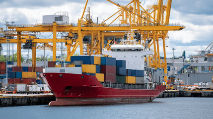 Rust-red cargo ship alongside a bustling harbor quay, close-up of crane hooks and cables moving containers smoothly while dock workers prepare for next load