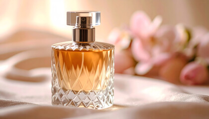 Perfume advertisement, scent and minimalism: Artisan perfume scent blending into background gradient shows elegance and sophistication. Capture essence of refined beauty with this neutral tone ad shot