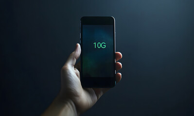 A hand holding telephone an against a black background, with glowing green 10 G text inside a blue chat box floating above the screen, symbolizing futuristic mobile communication concept