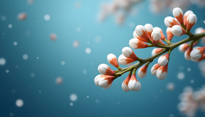Delicate spring blossoms on a branch, set against a soft, blurred blue backdrop