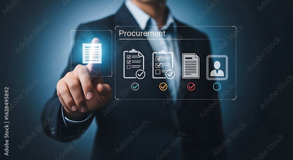 Aufkleber businessman interacts with a futuristic digital interface displaying document management and data or