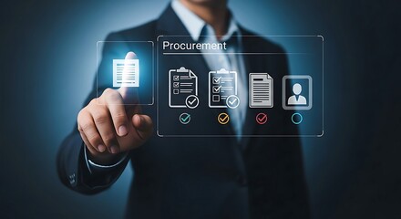 Businessman interacts with a futuristic digital interface displaying document management and data organization on a glowing screen