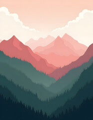Scenic landscape artwork featuring layered mountains and lush forests.