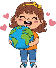 Cartoon child hugging globe with hearts, promoting love for Earth, environmental awareness, global unity, sustainability, caring planet illustration