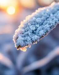 A macro photo of a frosty snow-covered branch glowing in soft winter light. Evokes quiet, stillness, and the beauty of nature in winter.