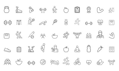 Fitness and gym icons set. Sport and exercise icons, For physical activity, gym, diet, sleep, work, rest, body care. Stroke icons for workout routines, strength training, exercises, gym equipment.