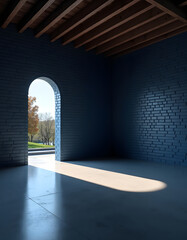 An empty blue brick interior with an arched doorway, bathed in sunlight and shadow.