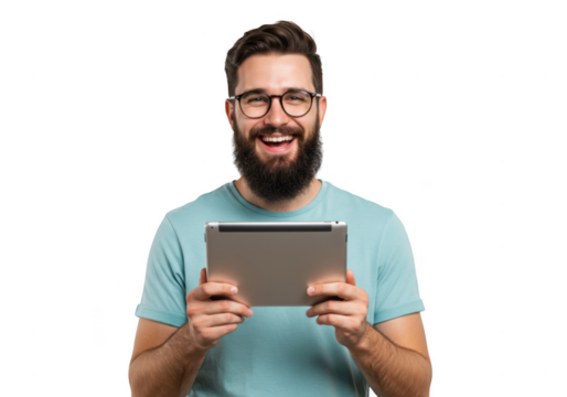 Man with beard and glasses holding a tablet computer isolated on transparent background - Powered by Adobe