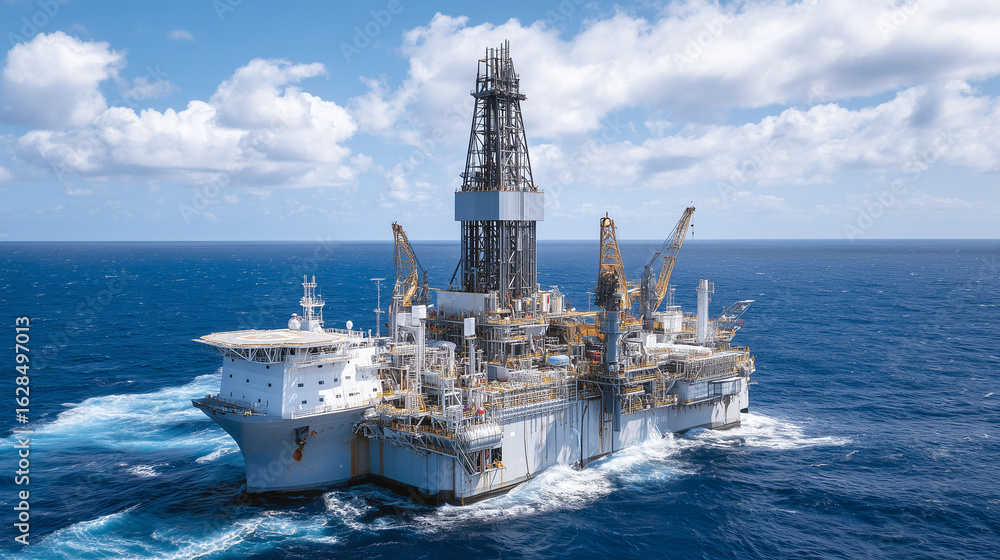 Aufkleber sunlight filters through partly cloudy skies, casting dynamic shadows over a vast offshore rigâs c