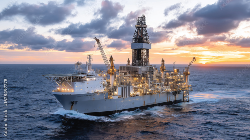 Poster sunlight filters through partly cloudy skies, casting dynamic shadows over a vast offshore rigâs c