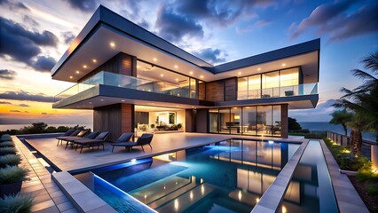 Fototapeta premium Elegant contemporary luxury residence with infinity pool overlooking the ocean at dusk