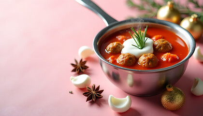 Delicious tomato soup with meatballs, garnished with cream and rosemary, ready to serve.