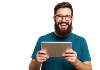 Happy man holding a tablet computer isolated on transparent background