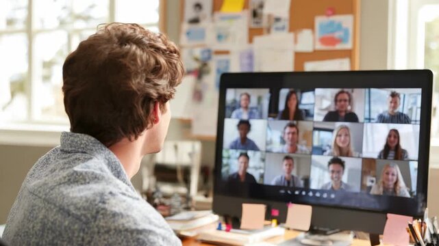 A man smiles while participating in a video conference with multiple participants displayed on his desktop monitor highlighting remote collaboration and online meetings