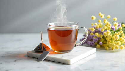 A delightful cup of hot tea steams gently beside a colorful flower arrangement.