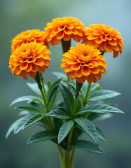 Vibrant orange marigold flowers in full bloom with lush green leaves.
