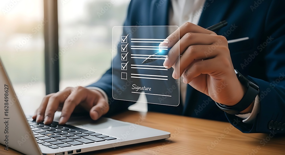 Poster business professional analyzing financial data on a transparent holographic display while working on