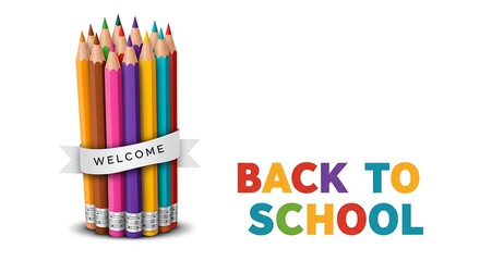 Fototapeta premium Welcome message on ribbon with colorful pencils, isolated on white background