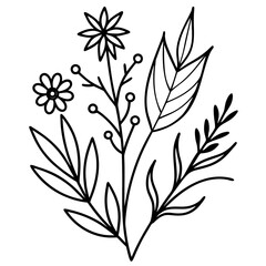 Fototapeta premium Minimalist botanical elements in elegant line art — leaves, branches, and wildflowers — black ink vector strokes, natural flow, hand-drawn look, isolated on white background1