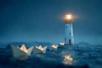 Business lighthouse illuminating path for fleet navigating through challenging corporate waters