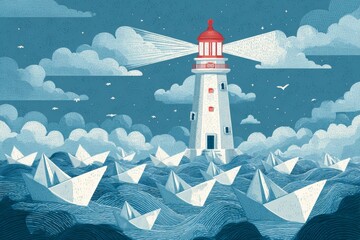 Corporate lighthouse beacon guiding paper boats through foggy waters toward safe harbor