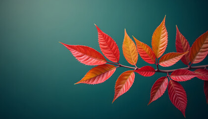 Obraz premium Close-up of vibrant autumn leaves against a serene teal background.