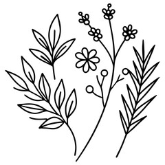 Minimalist botanical elements in elegant line art — leaves, branches, and wildflowers — black ink vector strokes, natural flow, hand-drawn look, isolated on white background1