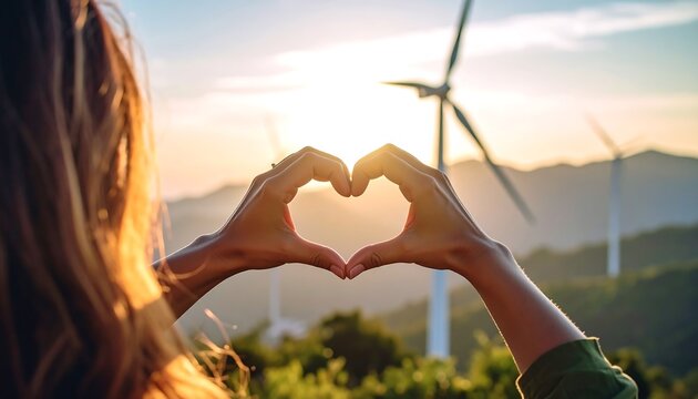 Hands forming heart shape, wind turbines - Powered by Adobe