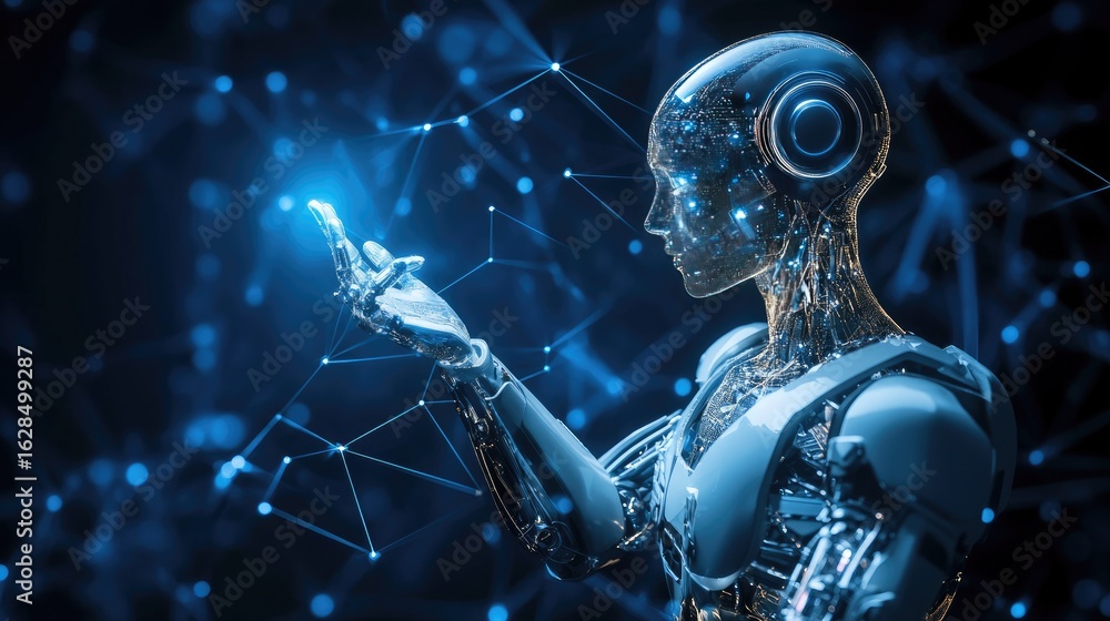 Poster a futuristic robot interacts with data