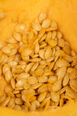 preparing orange pumpkin for cooking, pumpkin seeds poured into a pumpkin