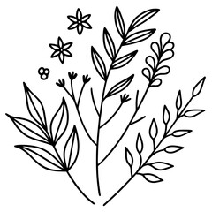 Minimalist botanical elements in elegant line art &mdash; leaves, branches, and wildflowers &mdash; black ink vector strokes, natural flow, hand-drawn look, isolated on white background1