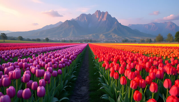 Spectacular tulip field with a stunning mountain backdrop at sunset.