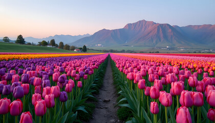 A picturesque view of a tulip field with a path leading to mountain range in the distance.