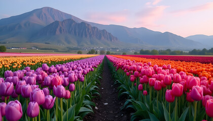 Colorful rows of tulips bloom with mountains in the background under a soft sunset sky.