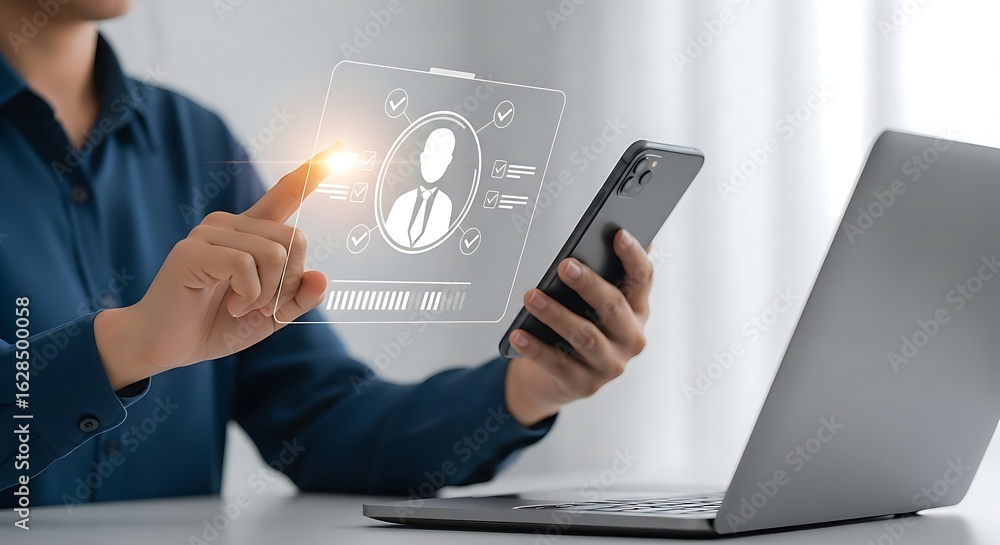 Aufkleber person interacting with digital interface on smartphone showcasing modern technology and data visual