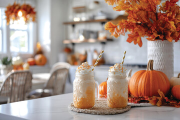 Autumn pumpkin spice latte with whipped cream and cinnamon on white kitchen counter decorated for fall with orange pumpkins and leaves
