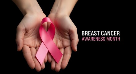 Hands holding pink ribbon for breast cancer awareness month support