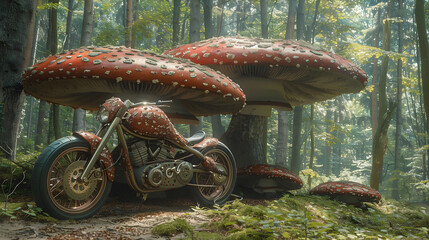 A motorcycle parked in the woods with a mushroom like structure