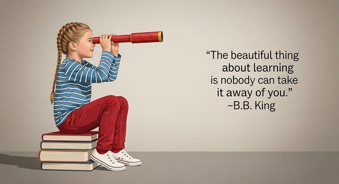 Child Sitting on Books Looking Through Telescope Learning Concept